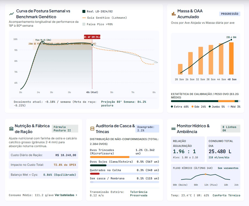Painel e relatório de produção em dashboard para granja de postura de ovos.