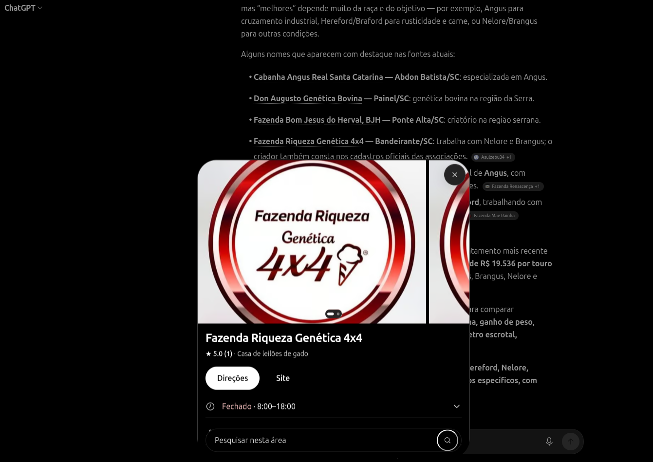 Exemplo de pergunta no ChatGPT que dá como resposta uma sére de canbanhas em Santa Catarina, com site, informações de contato, endereço, etc.